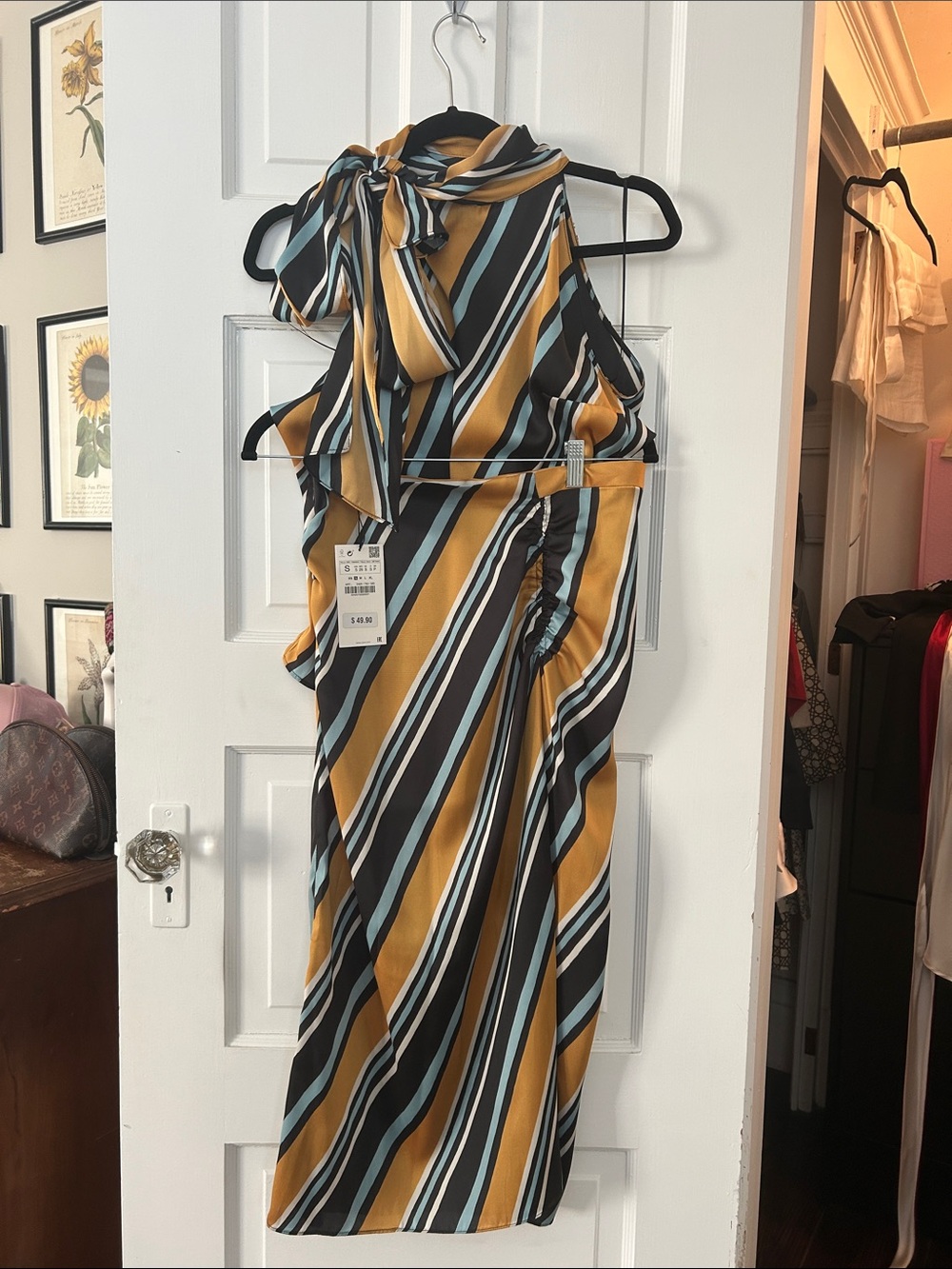 Zara Woman Striped Set Halter Tie-Neck Top & Matching Midi Skirt Mustard & Blac